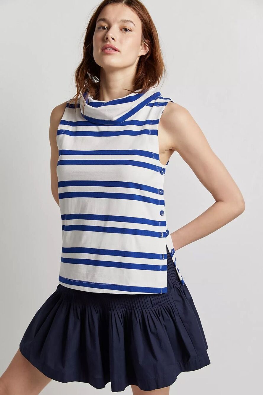 Maeve Anthropologie Blue White Sailor Striped Sleeveless Cowl Neck Button Top M